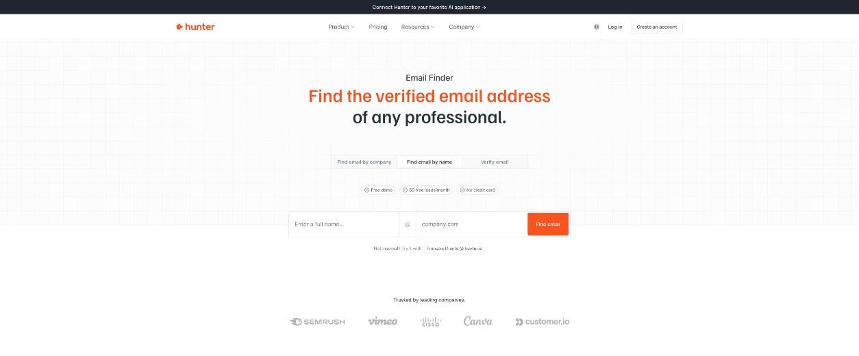 Hunter.io Email Finder with fields for a full name and a company domain to find a verified professional email