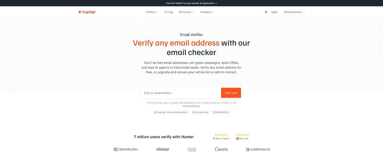 Hunter.io Email Verifier page explaining that an address can come back valid, accept-all or invalid