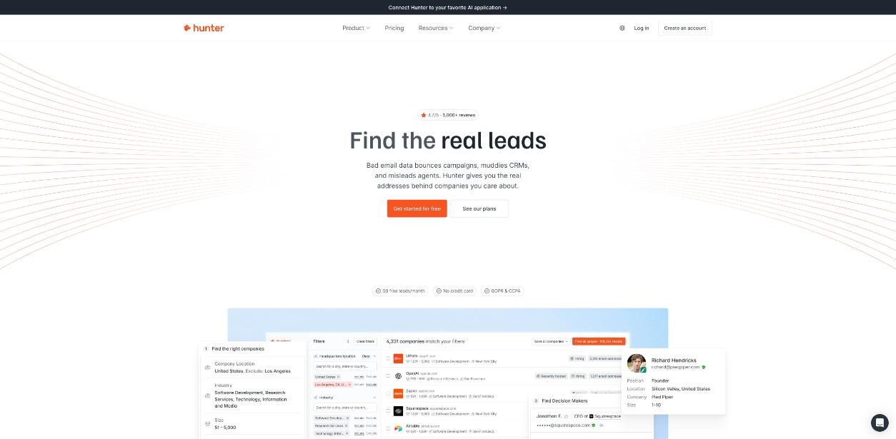 Hunter.io homepage with the Find the real leads headline, a Get started for free button and a preview of the company search filters