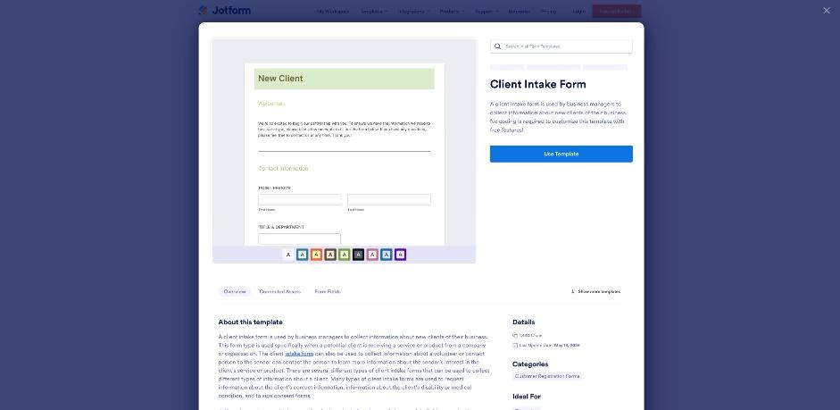 Jotform client intake form template preview with welcome text and contact fields