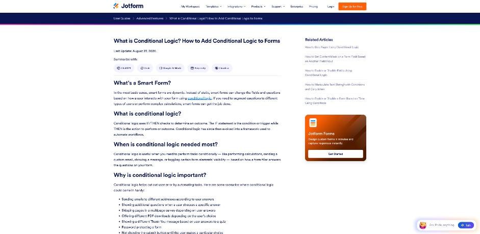 Jotform help article explaining conditional logic for smart forms