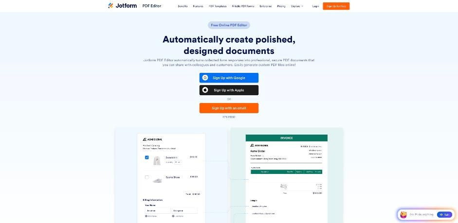 Jotform PDF Editor page showing a form submission turned into a designed PDF document