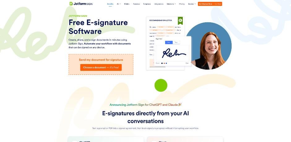 Jotform Sign page for sending documents for e-signature