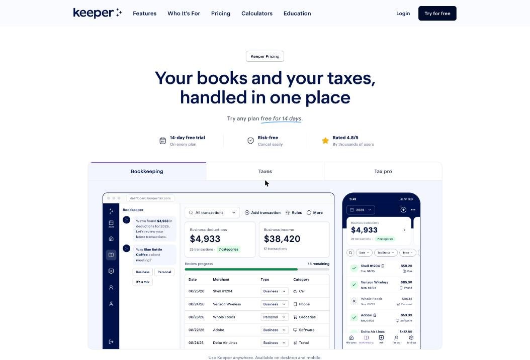 Keeper pricing page with the bookkeeping dashboard showing business deductions and income