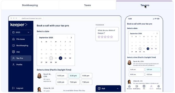 Keeper tax pro tab for booking a call with a CPA or enrolled agent
