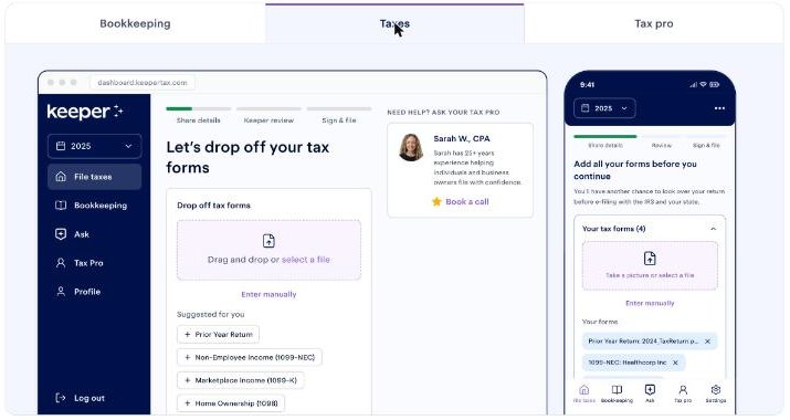 Keeper taxes tab where you drop off tax forms such as 1099-NEC and 1099-K