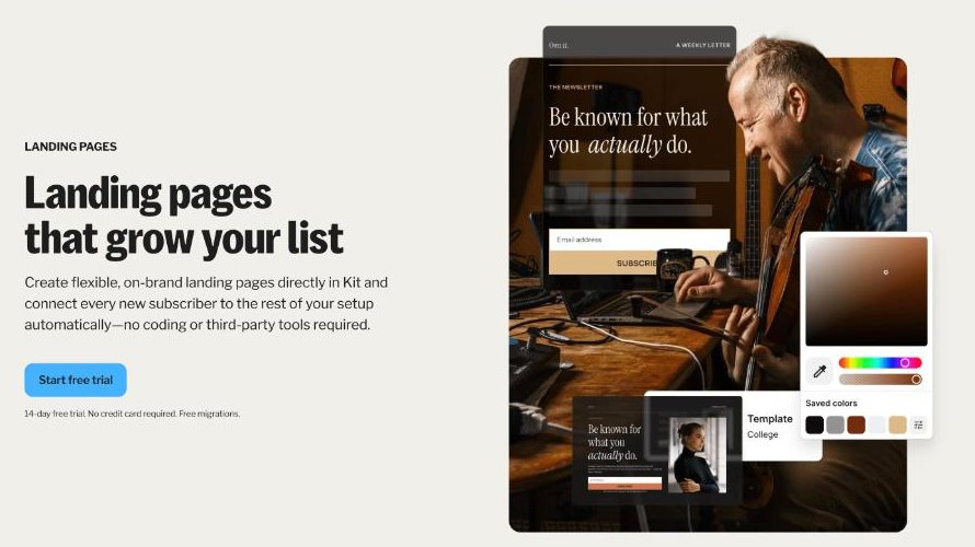 Kit landing pages feature page showing a newsletter landing page template with an email signup field and color picker