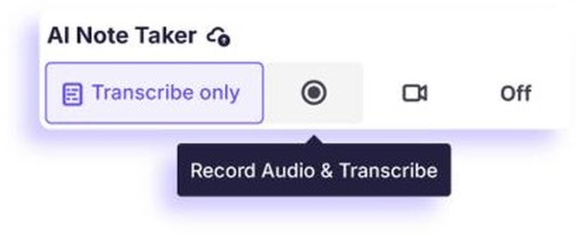 Krisp AI Note Taker control with four modes: transcribe only, record audio and transcribe, screen recording, and off