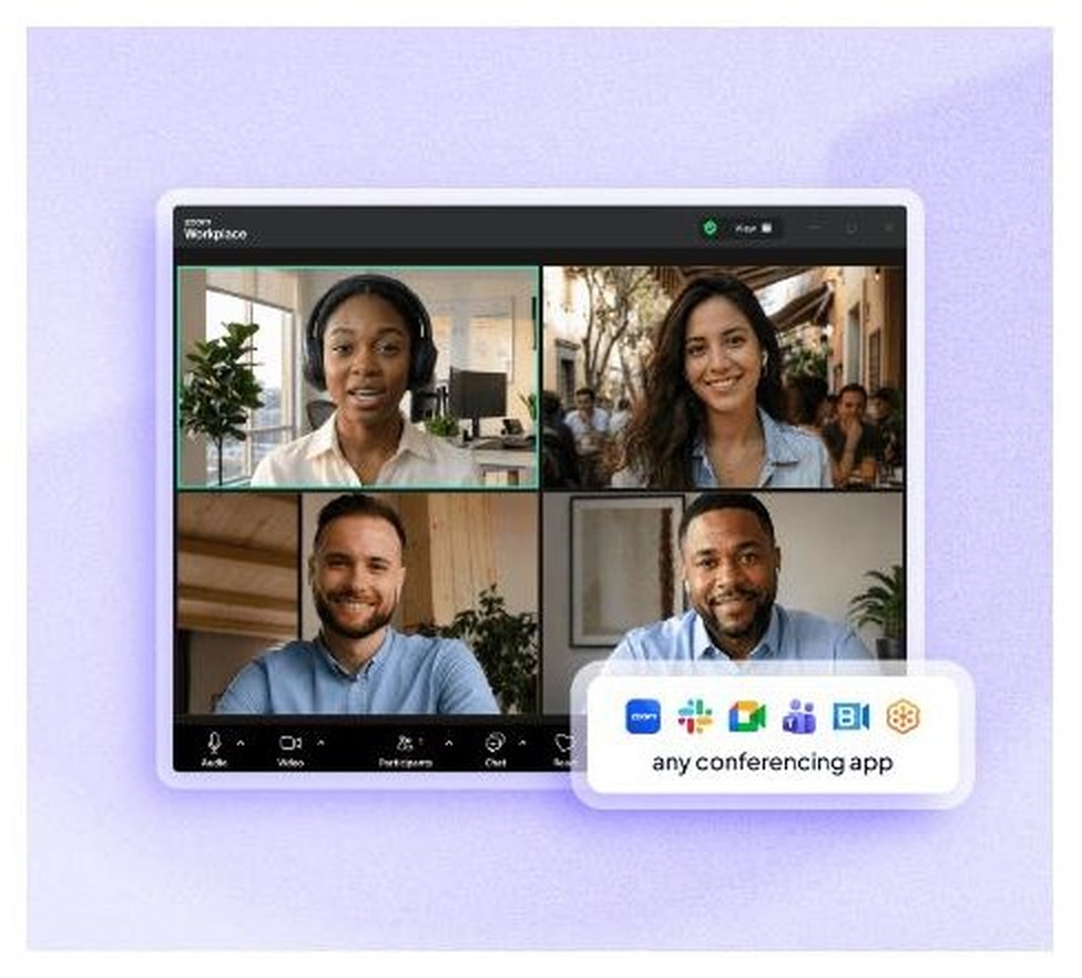 Krisp running alongside a Zoom call with a badge showing it works with any conferencing app including Slack, Google Meet, Microsoft Teams and Webex