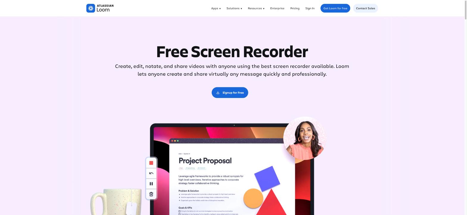Loom Free Screen Recorder page showing a screen recording with a camera bubble and recording controls