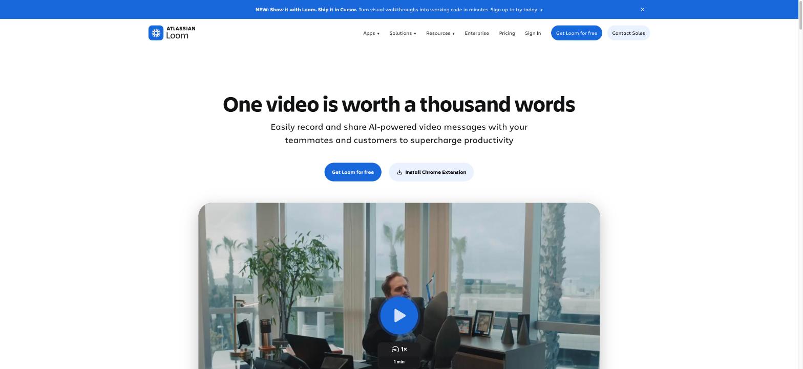 Loom homepage with the headline One video is worth a thousand words and a Get Loom for free button