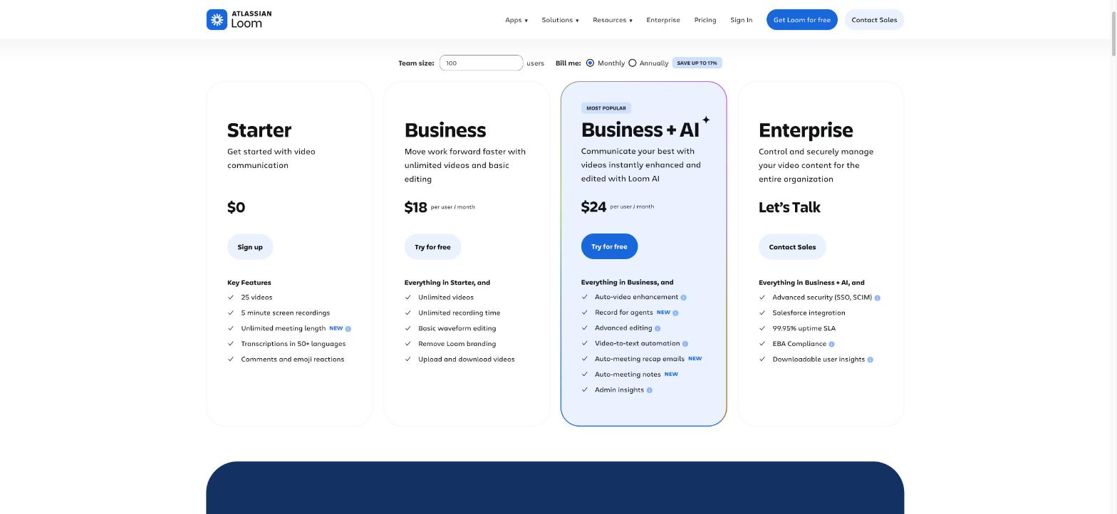 Loom pricing page with Starter at 0 dollars, Business at 18 dollars, Business + AI at 24 dollars per user per month and Enterprise