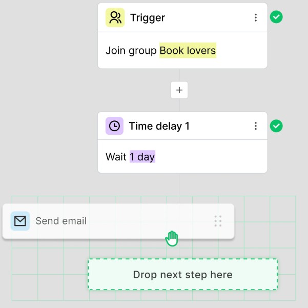 MailerLite automation time delay step being added to a workflow