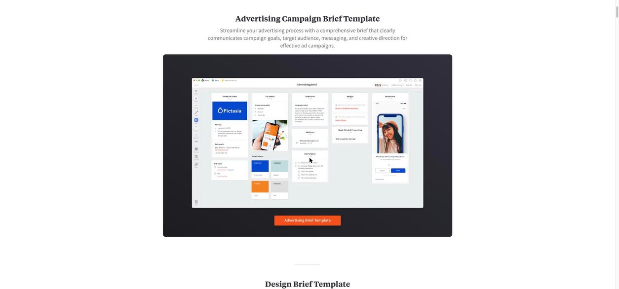 Milanote advertising campaign brief template with client, brand, objectives, audience and references columns