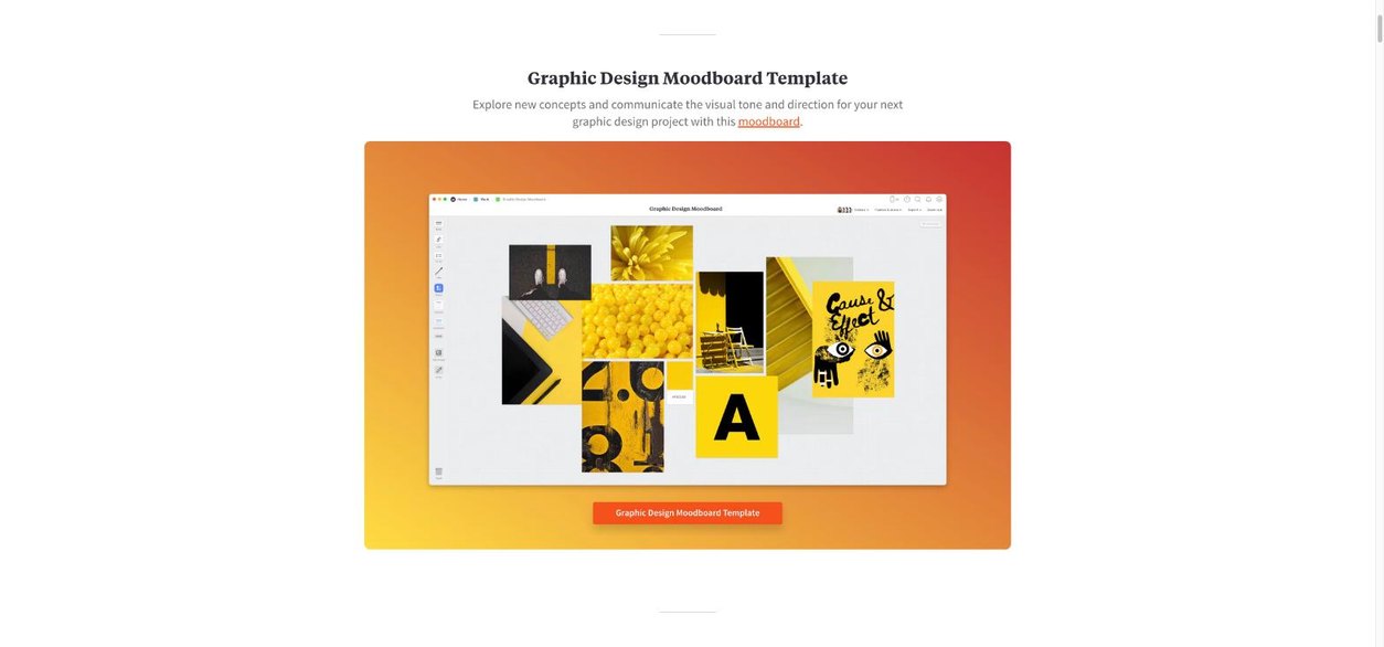 Milanote graphic design moodboard template with yellow and black images, colour swatch and typography samples