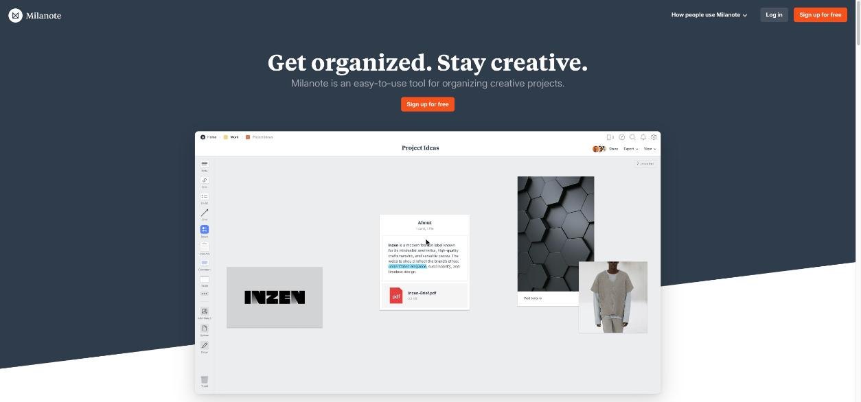 Milanote homepage showing a project ideas board with images, a brand logo and a brief file