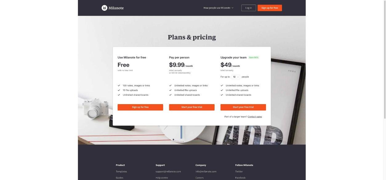 Milanote plans and pricing page with Free, Pay per person and Team plans