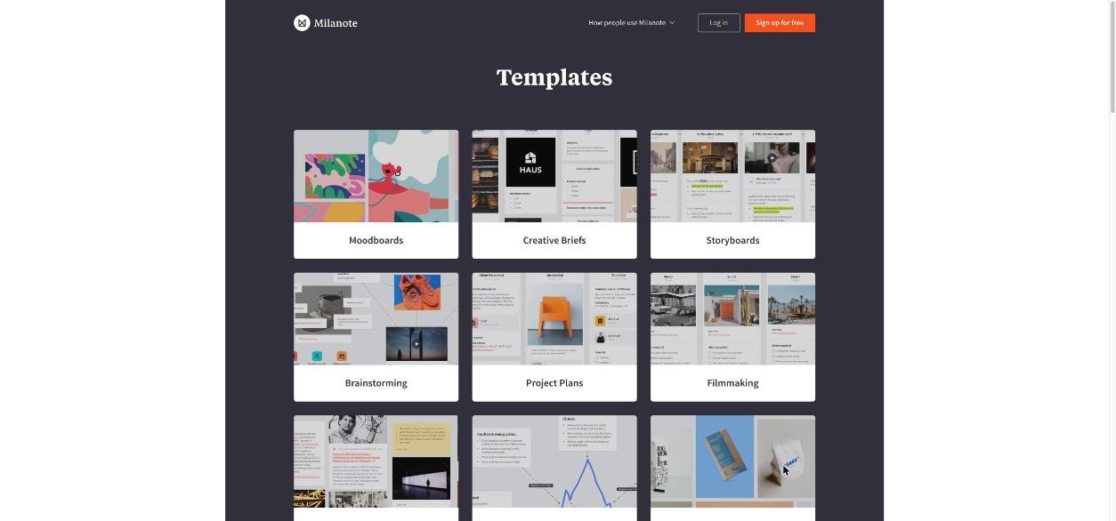 Milanote templates gallery with moodboards, creative briefs, storyboards, brainstorming, project plans and filmmaking
