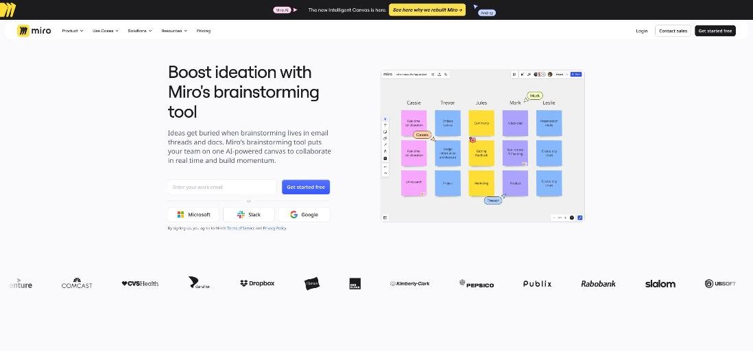 Miro brainstorming board with colour-coded sticky notes arranged in columns for each participant