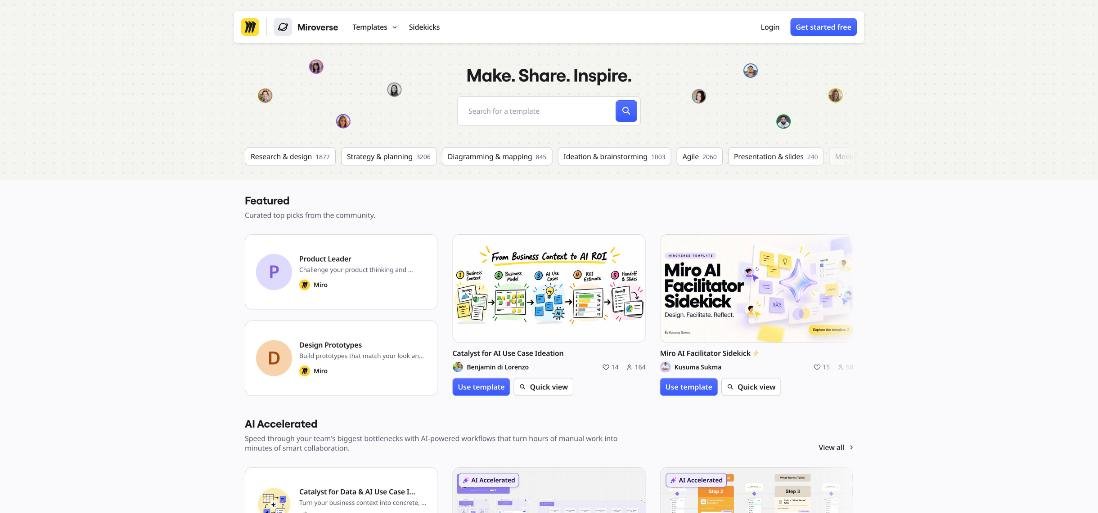 Miroverse template library with categories such as research and design, strategy and planning, and ideation and brainstorming