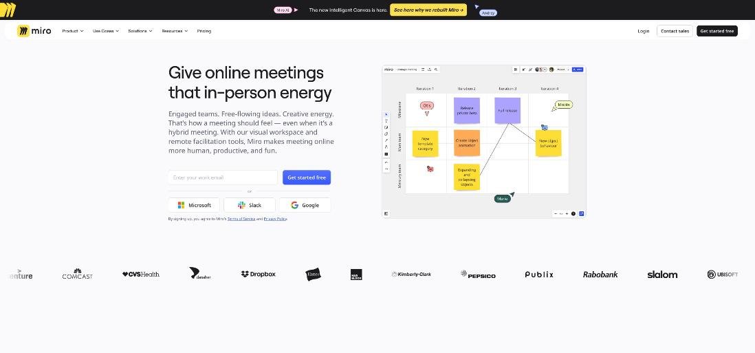Miro workshops page showing an online meeting board with sticky notes organised by iteration and team