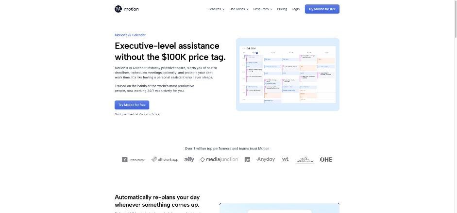 Motion AI Calendar showing a weekly schedule of tasks and meetings