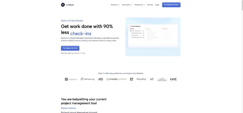 Motion AI Project Manager feature page with a project board
