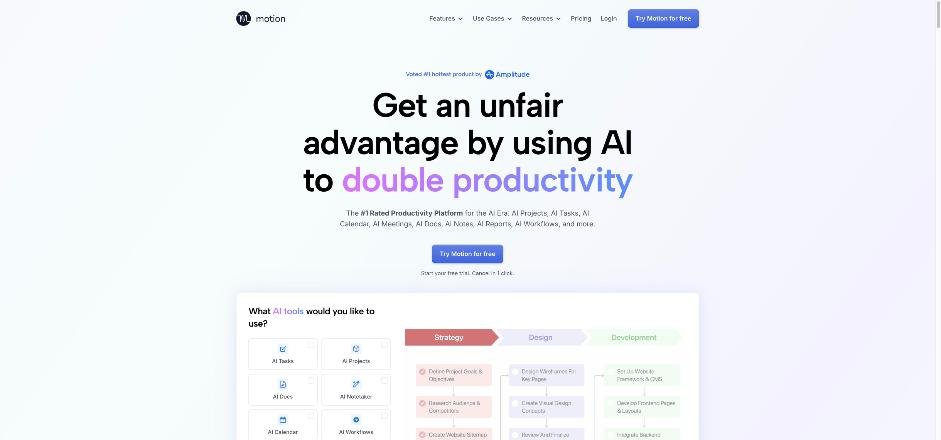 Motion homepage presenting its AI productivity platform with projects, tasks and calendar