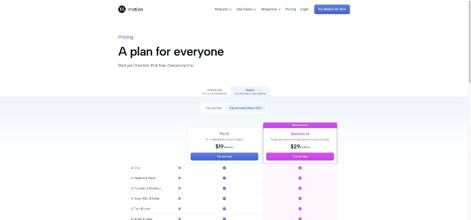 Motion pricing page comparing Pro AI and Business AI plans
