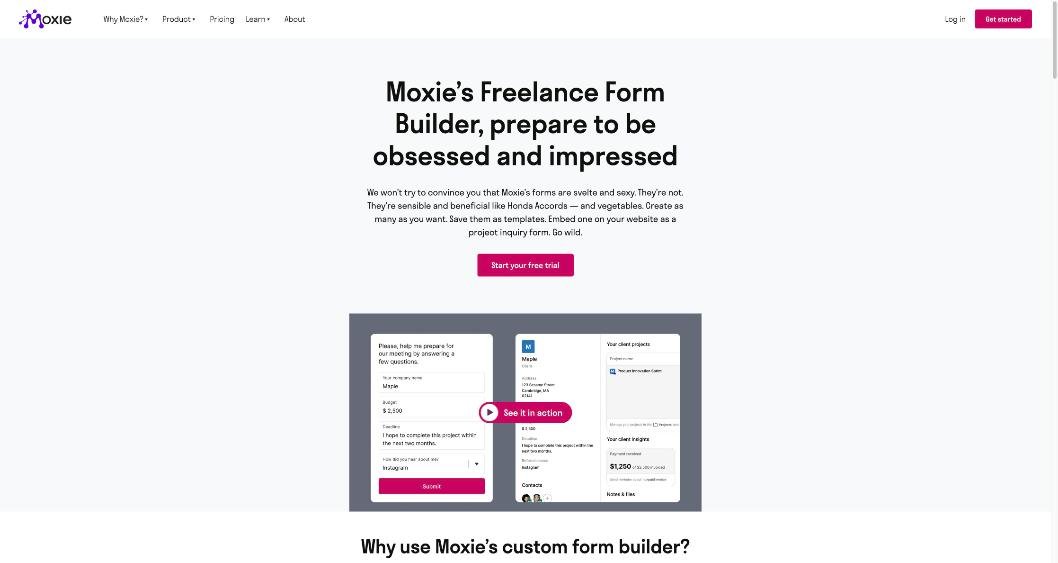 Moxie freelance form builder page with a sample client inquiry form and client record