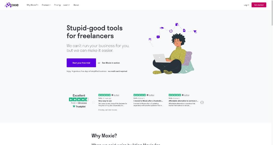 Moxie homepage with the stupid-good tools for freelancers headline and free trial button