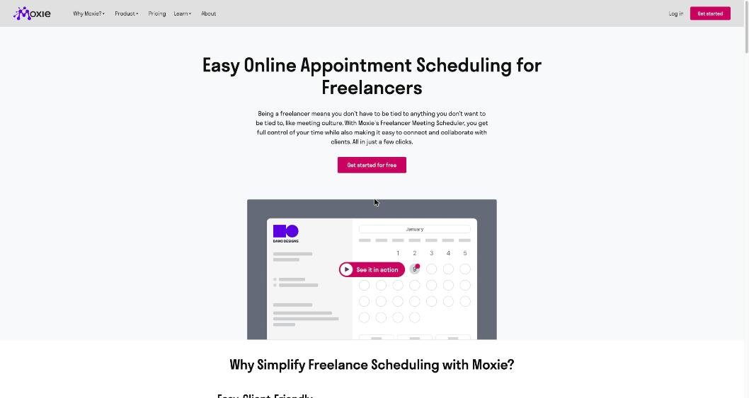 Moxie meeting scheduler page for freelancers showing a booking calendar