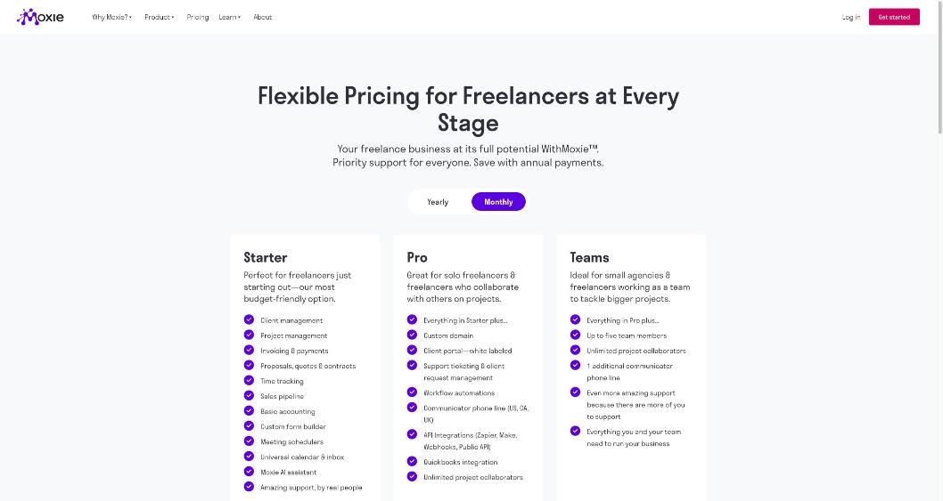 Moxie pricing page comparing Starter, Pro and Teams plans on monthly billing