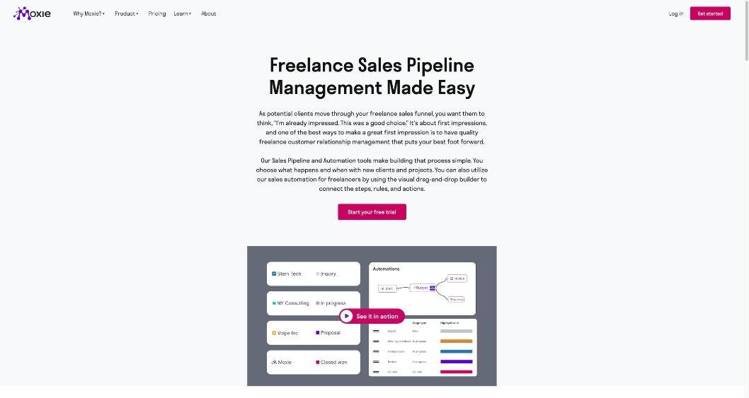 Moxie sales pipeline page with lead stages and an automation flow builder