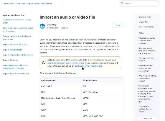 Otter.ai help center article listing supported audio and video formats for import