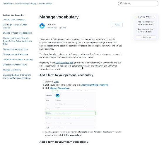 Otter.ai Manage vocabulary help page showing where to add custom names and terms