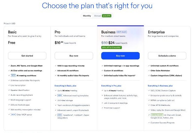 Otter.ai pricing page with Basic, Pro, Business and Enterprise plans on monthly billing