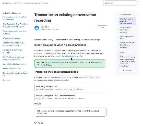 Otter.ai help article on transcribing an existing conversation recording