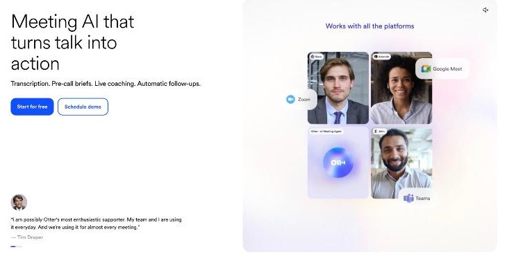 Otter.ai transcription homepage describing meeting AI and transcription features