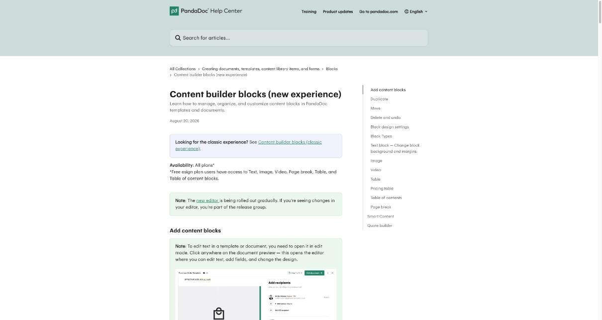 PandaDoc help center article listing content builder blocks available on each plan