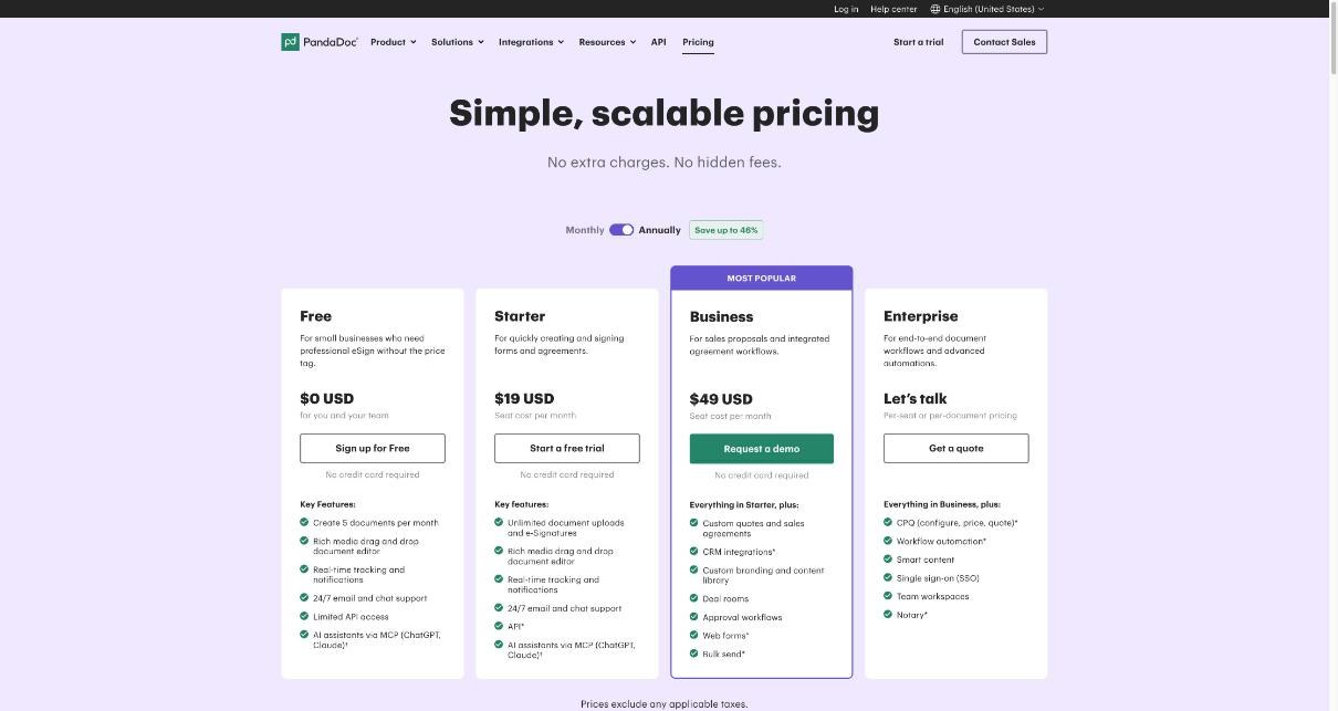PandaDoc pricing page showing Free, Starter at 19 dollars, Business at 49 dollars and Enterprise plans