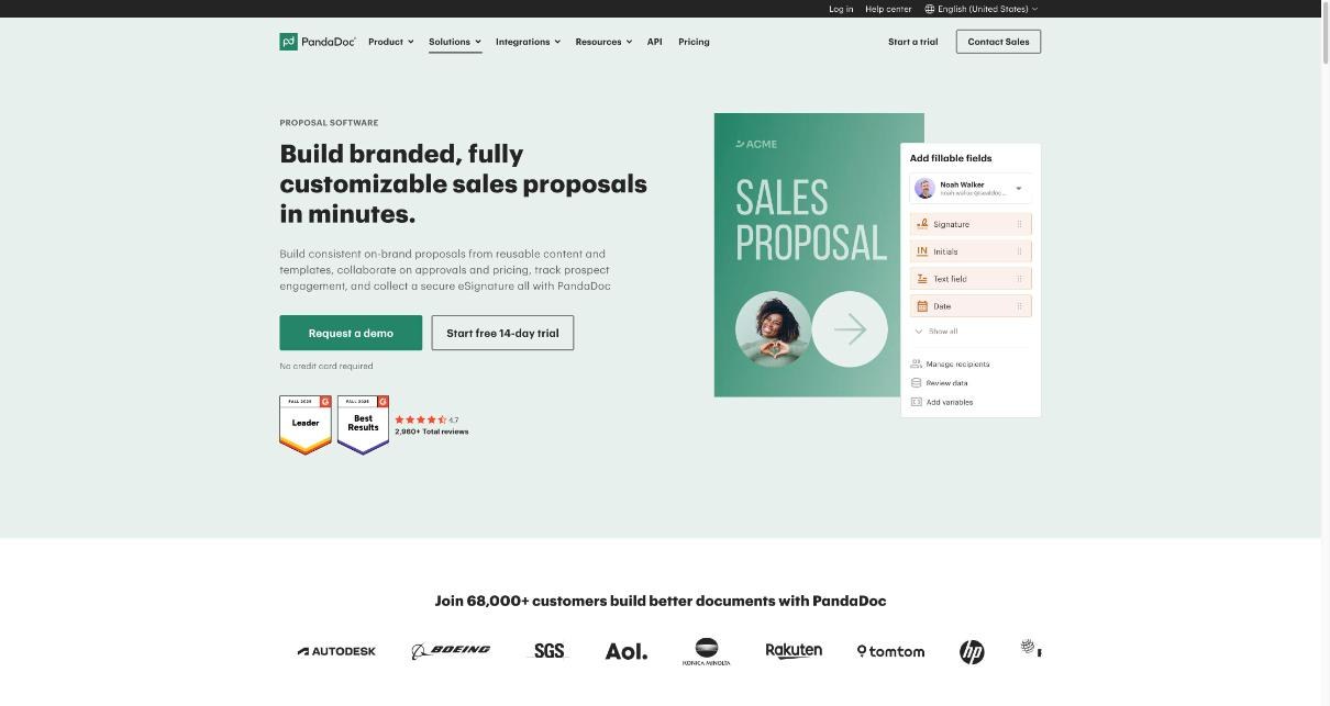 PandaDoc proposal software page showing a sales proposal with signature, initials and date fields