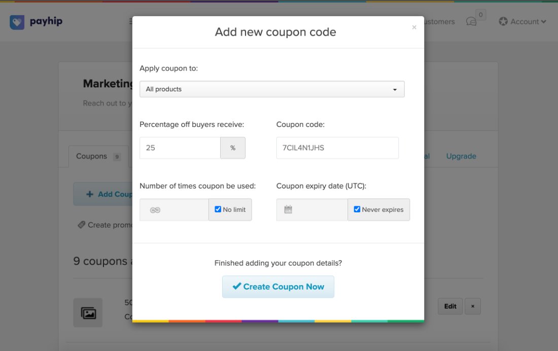 Payhip coupon settings in the marketing tools
