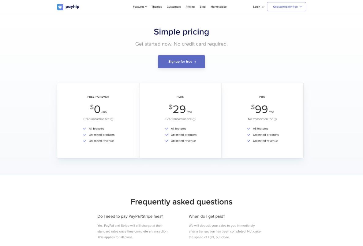 Payhip pricing page showing the Free, Plus and Pro plans and transaction fees