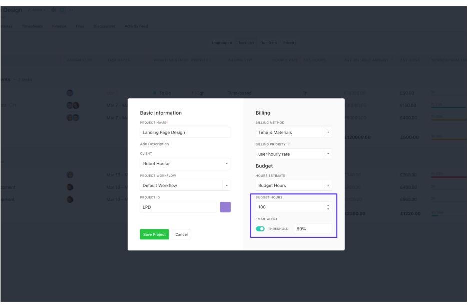 Paymo project settings with budget hours set to 100 and an email alert at an 80 percent threshold