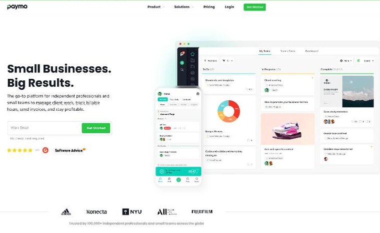 Paymo homepage for project management, time tracking and invoicing for small businesses