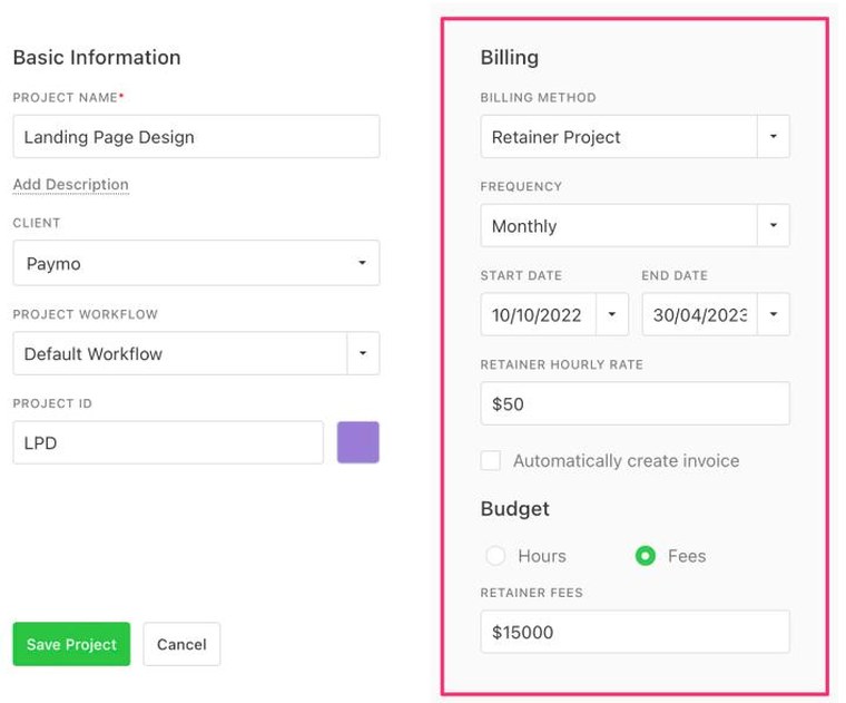 Paymo retainer project settings with monthly frequency, retainer hourly rate and budget