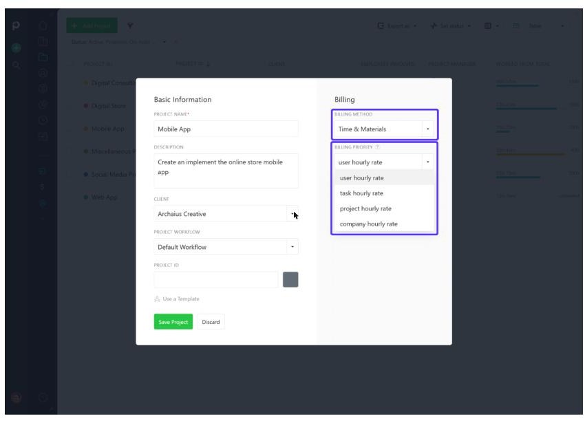 Paymo Time and Materials project billing method with user, task, project and company hourly rate options