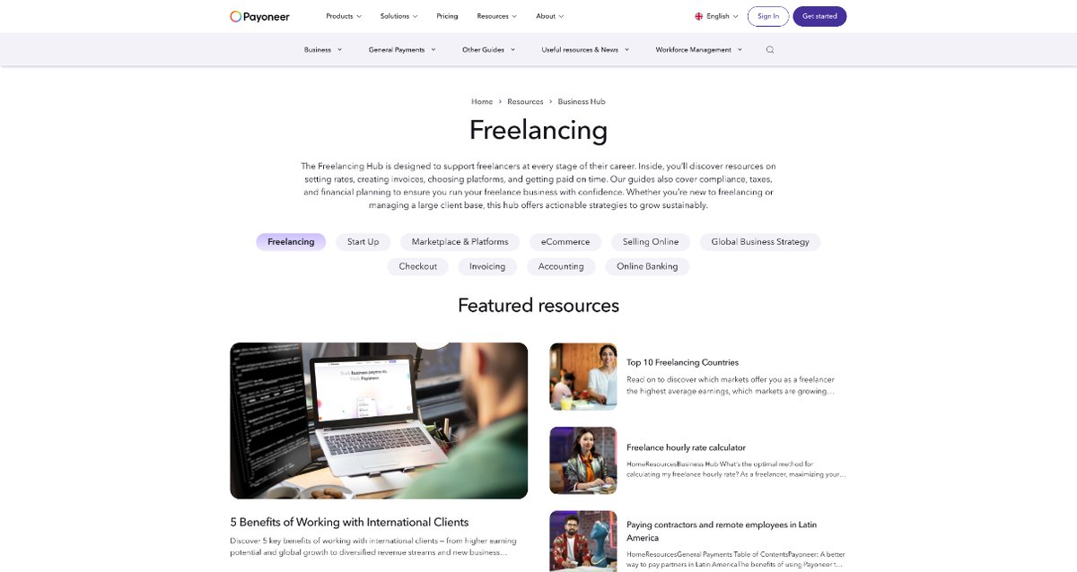 Payoneer freelancing hub with guides on getting paid by international clients