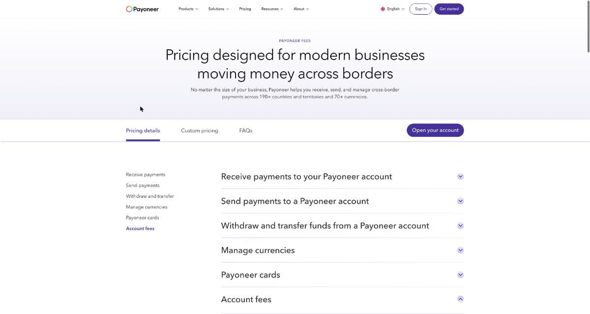 Payoneer pricing page overview with sections for receiving, sending, withdrawing, currencies, cards and account fees